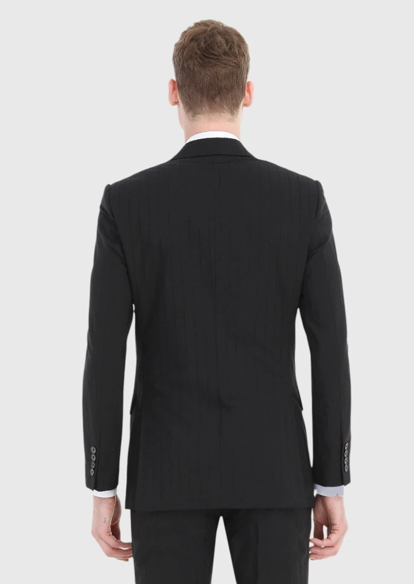 Siyah Çizgili Thin&taller Slim Fit Pamuk Karışımlı Takım Elbise - 5