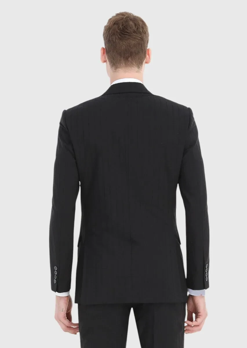 Siyah Çizgili Thin&taller Slim Fit Pamuk Karışımlı Takım Elbise - 5