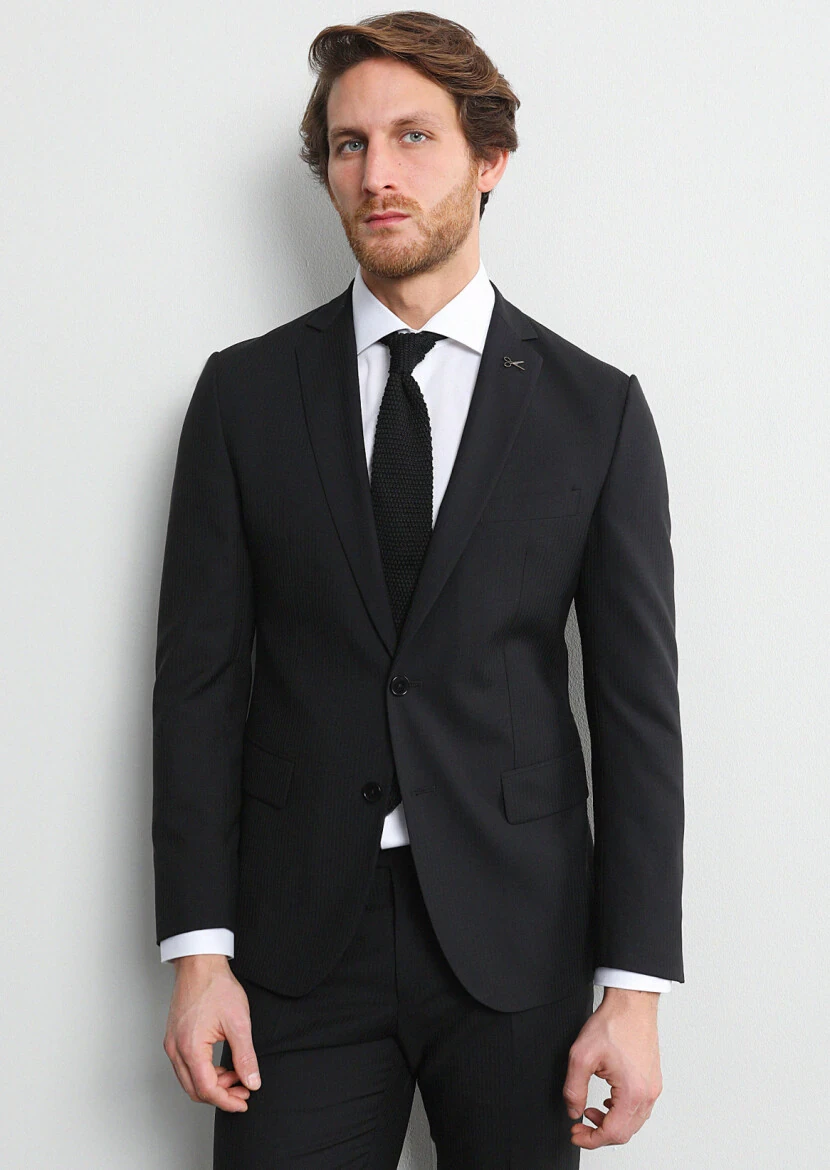 Siyah Çizgili Zeroweight Slim Fit Yün Karışımlı Takım Elbise - 1