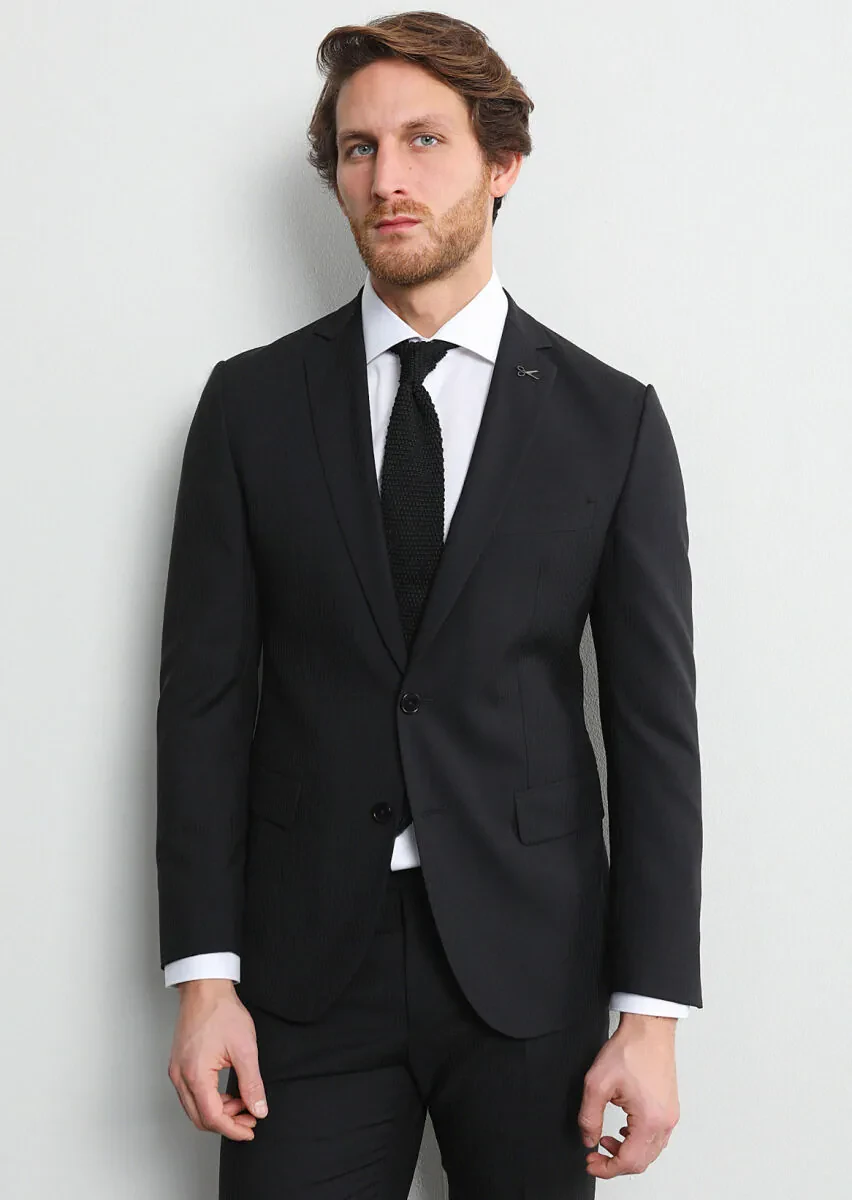Siyah Çizgili Zeroweight Slim Fit Yün Karışımlı Takım Elbise - 1