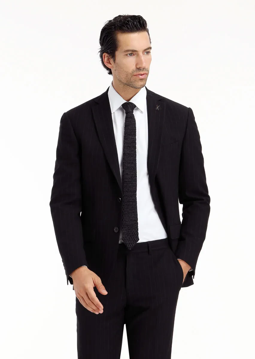 Siyah Çizgili Zeroweight Slim Fit Yün Karışımlı Takım Elbise - 2