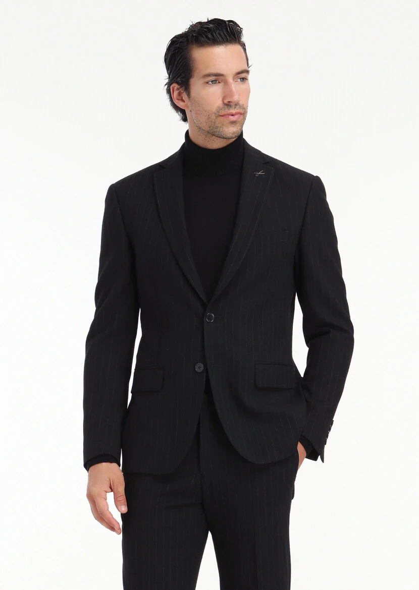 Siyah Çizgili Zeroweight Slim Fit Yün Karışımlı Takım Elbise - 6