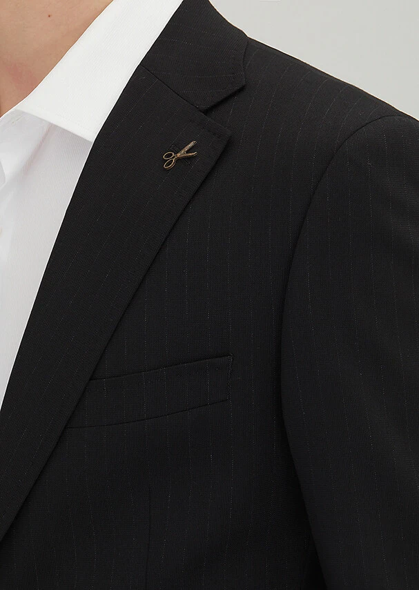 Siyah Çizgili Zeroweight Slim Fit Yün Karışımlı Takım Elbise - 3