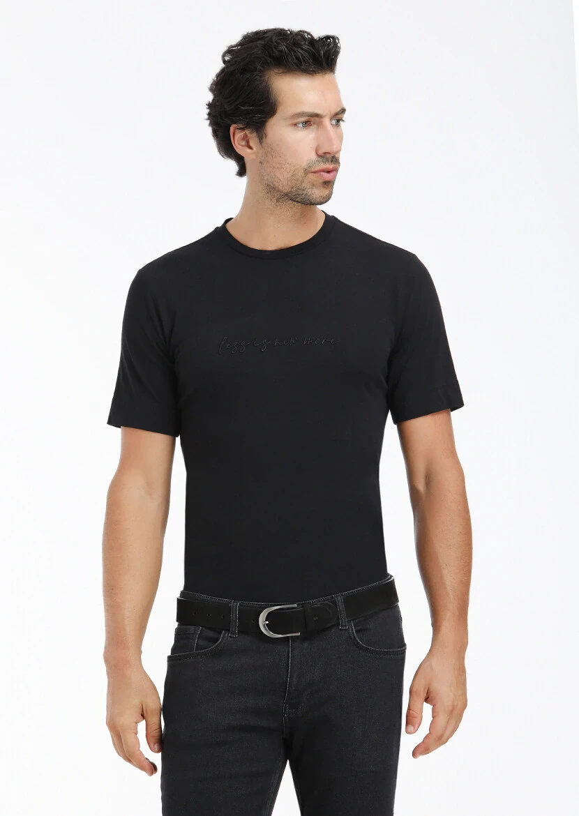 Siyah Desenli Bisiklet Yaka %100 Pamuk T-Shirt 