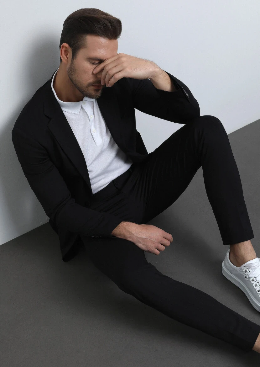 Siyah Desenli Comfort Fit Örme Takım Elbise - 1