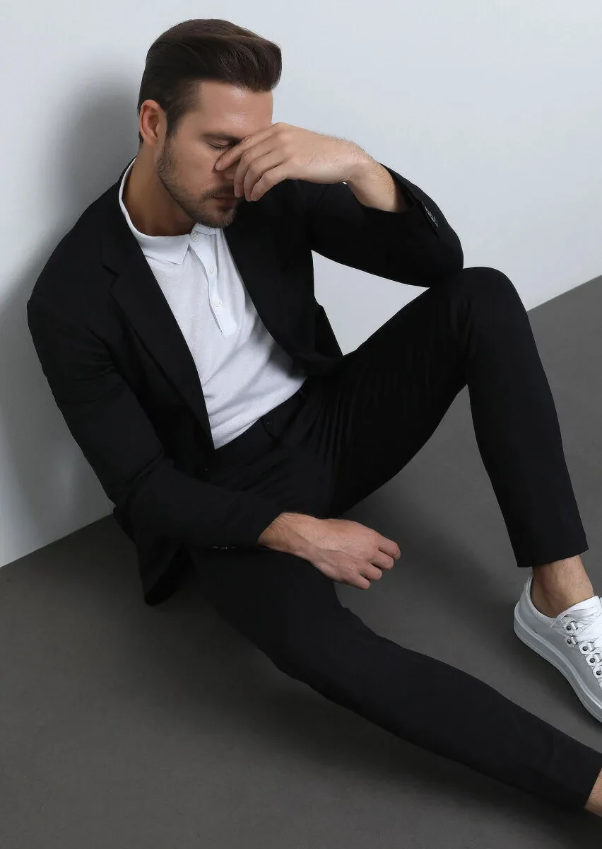 Siyah Desenli Comfort Fit Örme Takım Elbise - 1