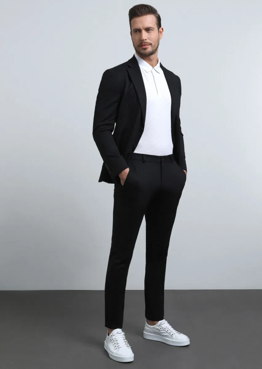 Siyah Desenli Comfort Fit Örme Takım Elbise - 3