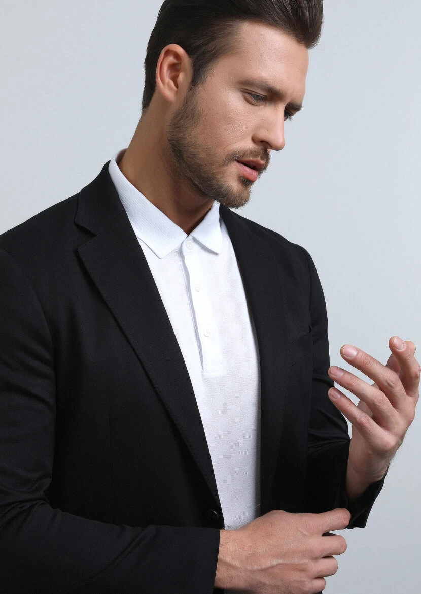 Siyah Desenli Comfort Fit Örme Takım Elbise - 4