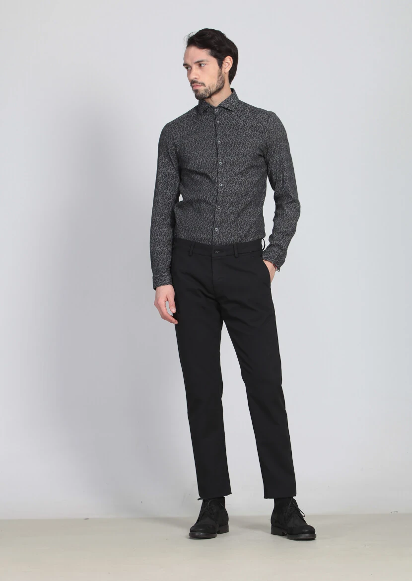 Siyah Desenli Dokuma Regular Fit Casual Pamuk Karışımlı Pantolon - 1