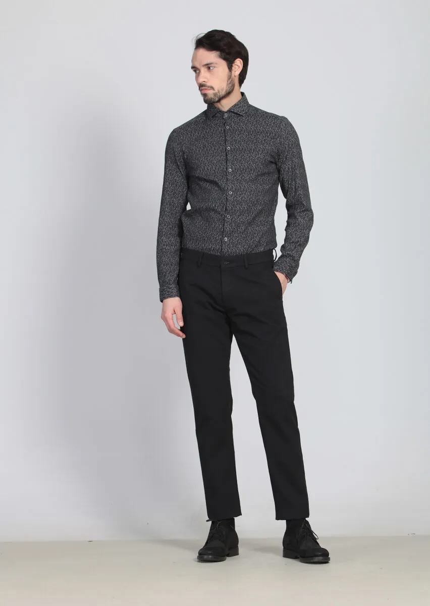 Siyah Desenli Dokuma Regular Fit Casual Pamuk Karışımlı Pantolon - 1