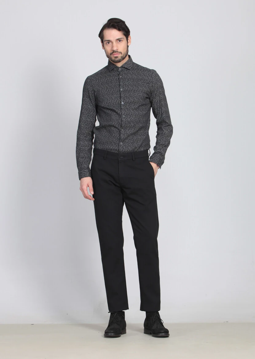 Siyah Desenli Dokuma Regular Fit Casual Pamuk Karışımlı Pantolon - 3