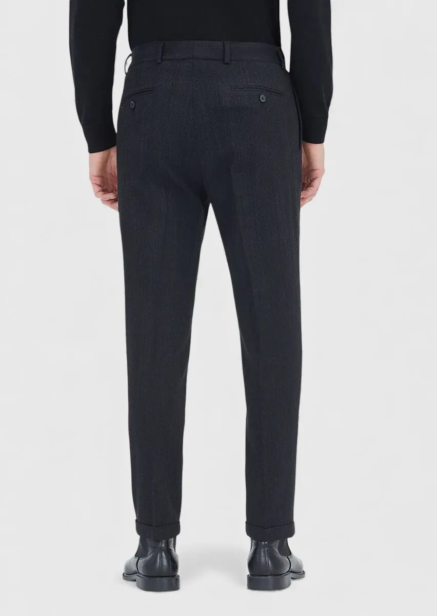 Siyah Desenli Dokuma Regular Fit Casual Yün Karışımlı Pantolon - 5