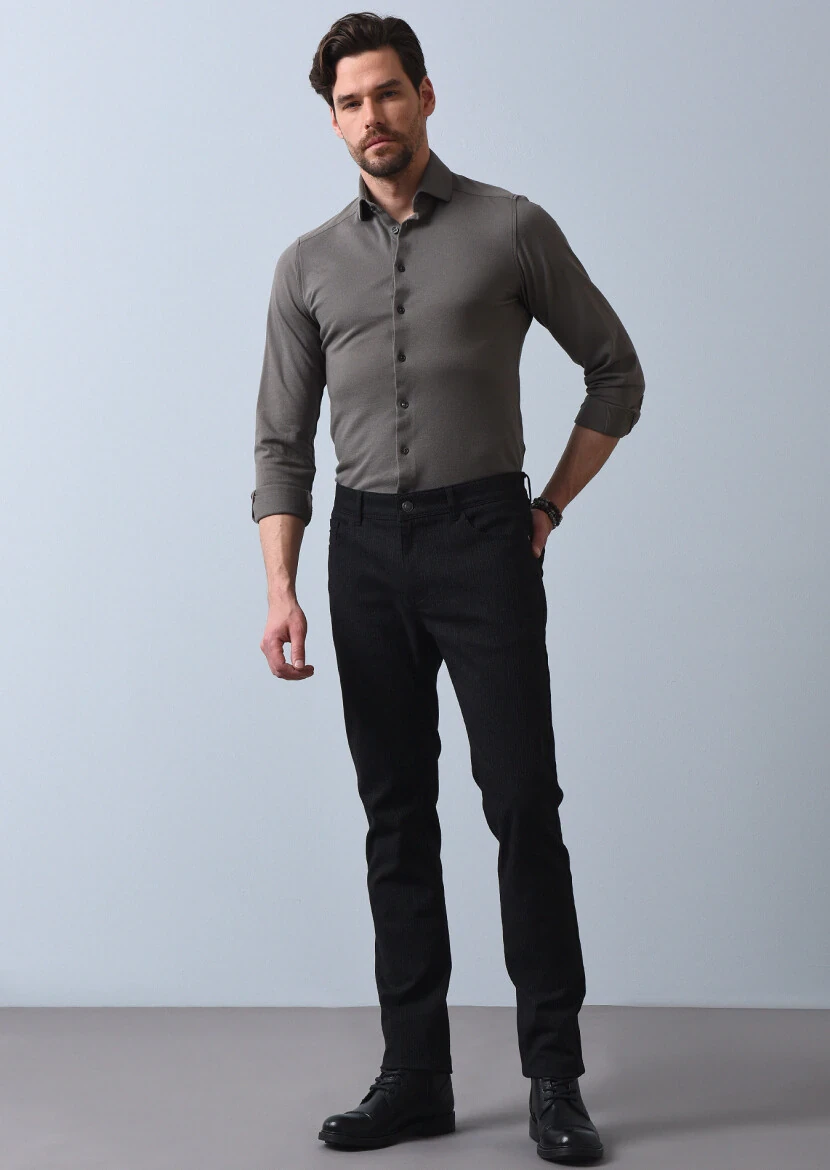 Siyah Desenli Dokuma Slim Fit Casual Pamuk Karışımlı Pantolon - 3