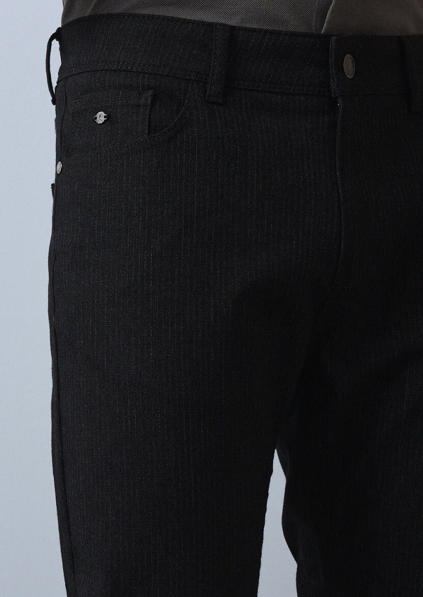Siyah Desenli Dokuma Slim Fit Casual Pamuk Karışımlı Pantolon - 4