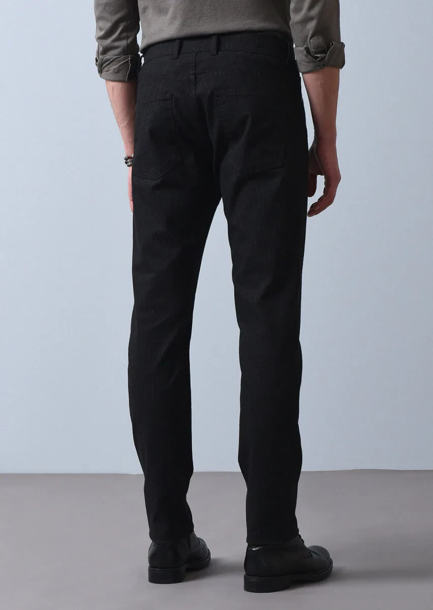 Siyah Desenli Dokuma Slim Fit Casual Pamuk Karışımlı Pantolon - 5