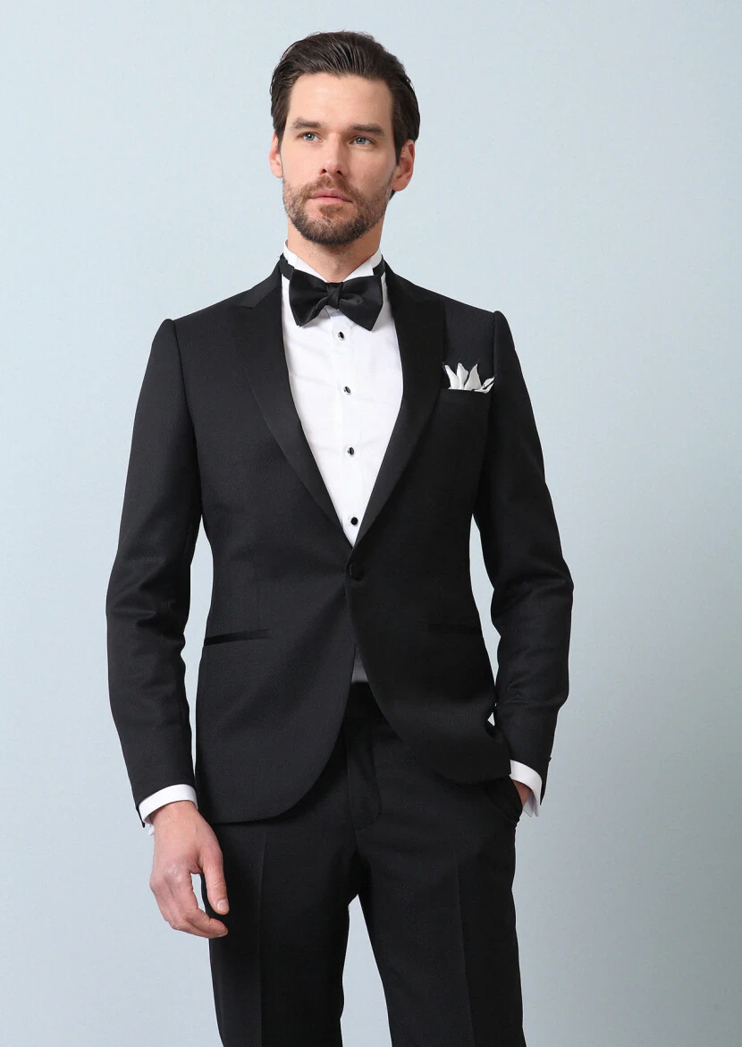 Siyah Desenli Fashion Slim Fit Kruvaze Yaka Dokuma Smokin Takım Elbise - 2