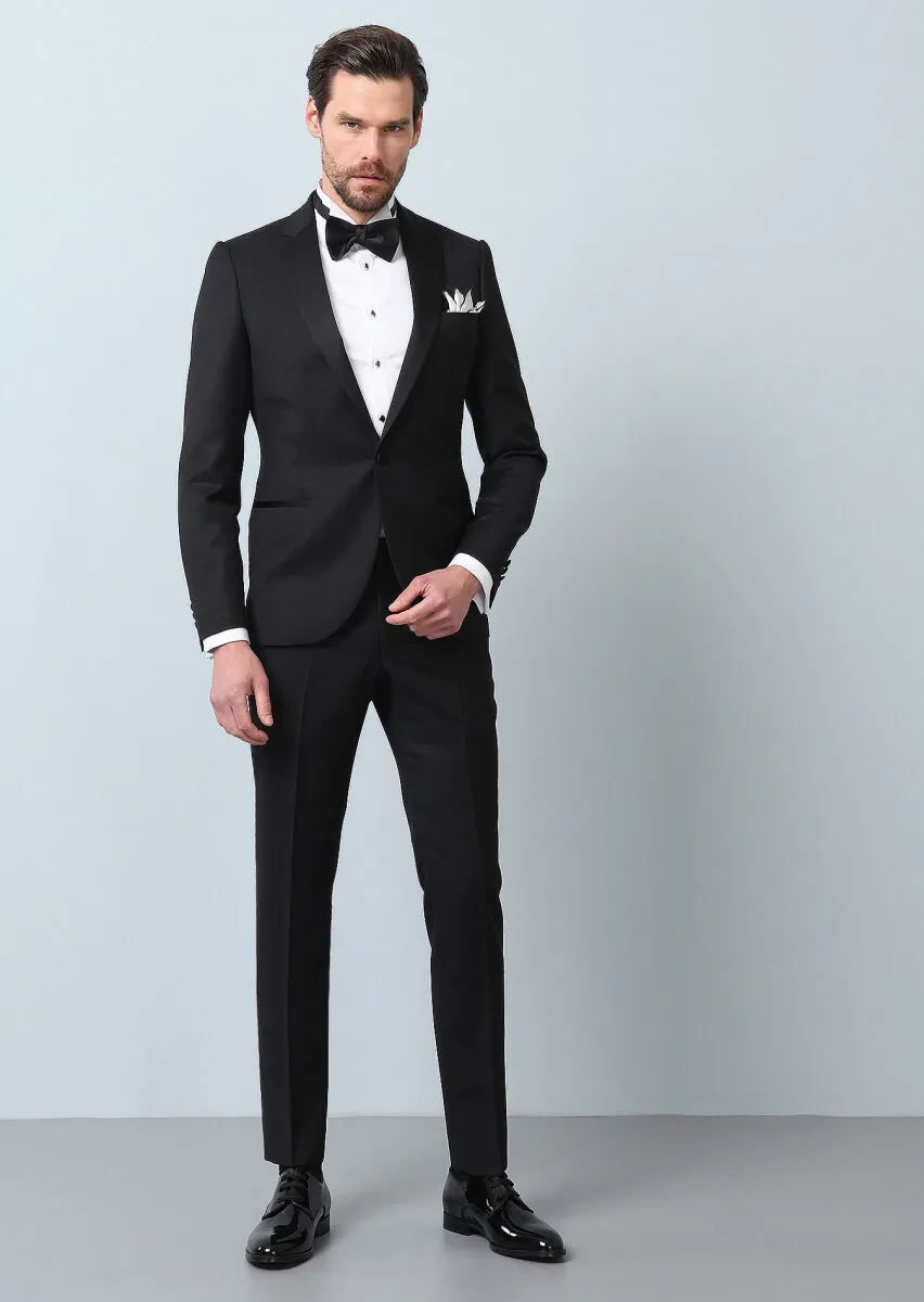 Siyah Desenli Fashion Slim Fit Kruvaze Yaka Dokuma Smokin Takım Elbise - 4