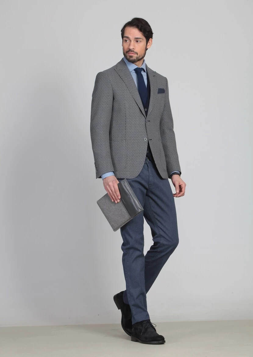 Siyah Desenli Regular Fit %100 Yün Ceket - 2