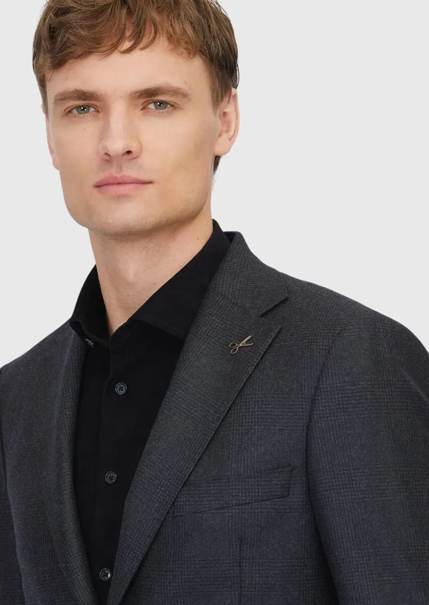 Siyah Desenli Regular Fit %100 Yün Ceket - 3