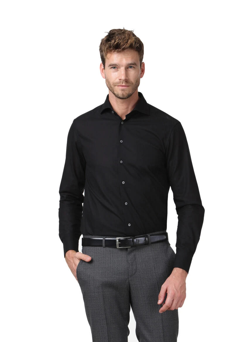 Siyah Desenli Regular Fit Dokuma Klasik %100 Pamuk Gömlek - 1