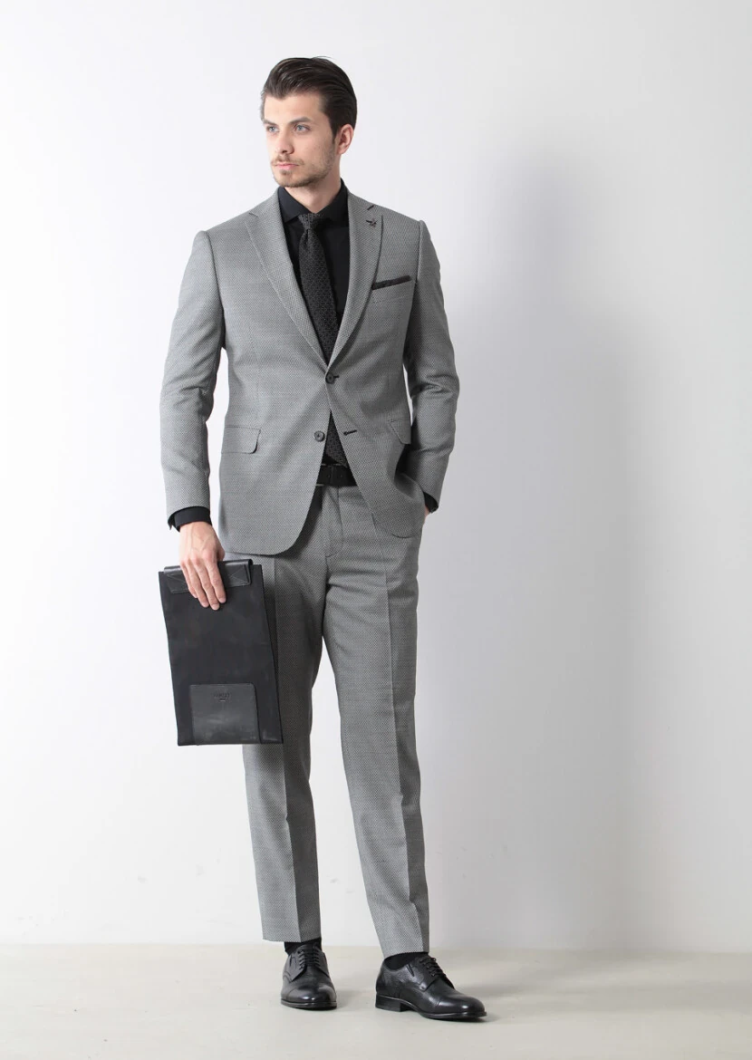 Siyah Desenli Regular Fit Yün Karışımlı Takım Elbise - 1