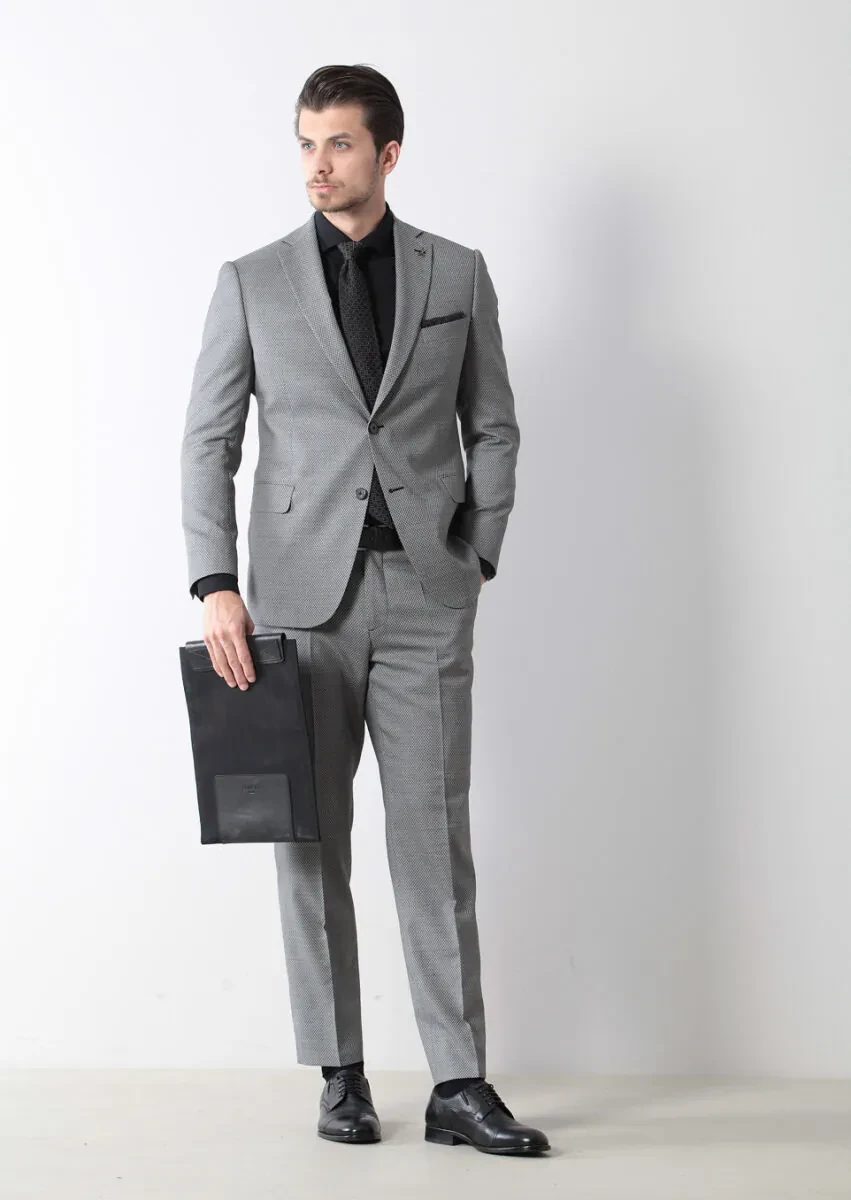 Siyah Desenli Regular Fit Yün Karışımlı Takım Elbise - 1