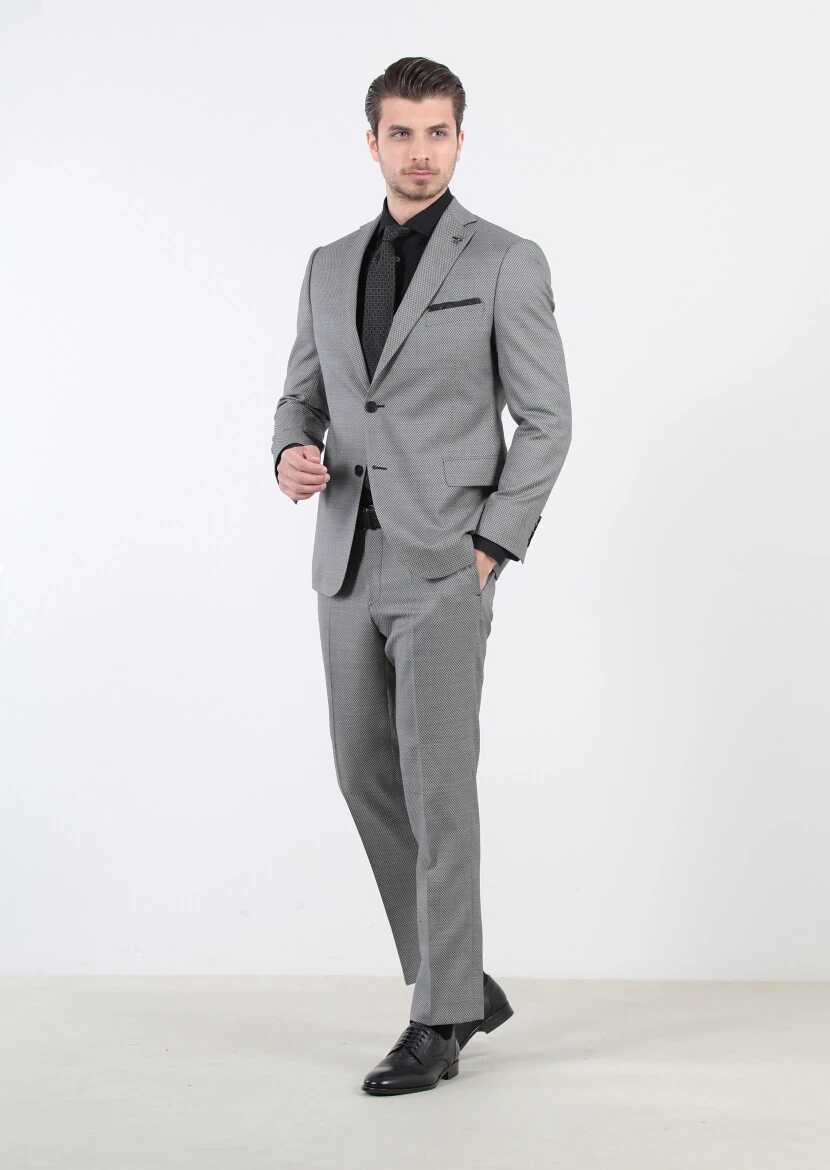 Siyah Desenli Regular Fit Yün Karışımlı Takım Elbise - 2