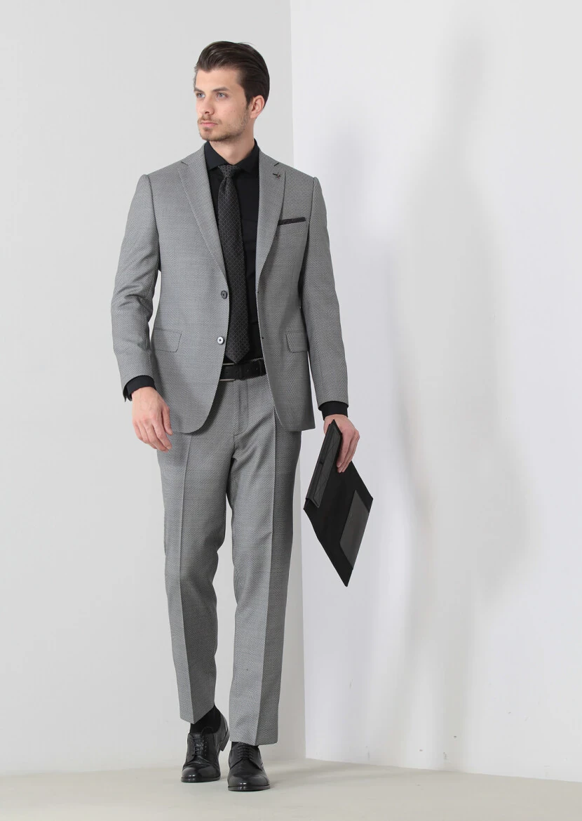 Siyah Desenli Regular Fit Yün Karışımlı Takım Elbise - 3