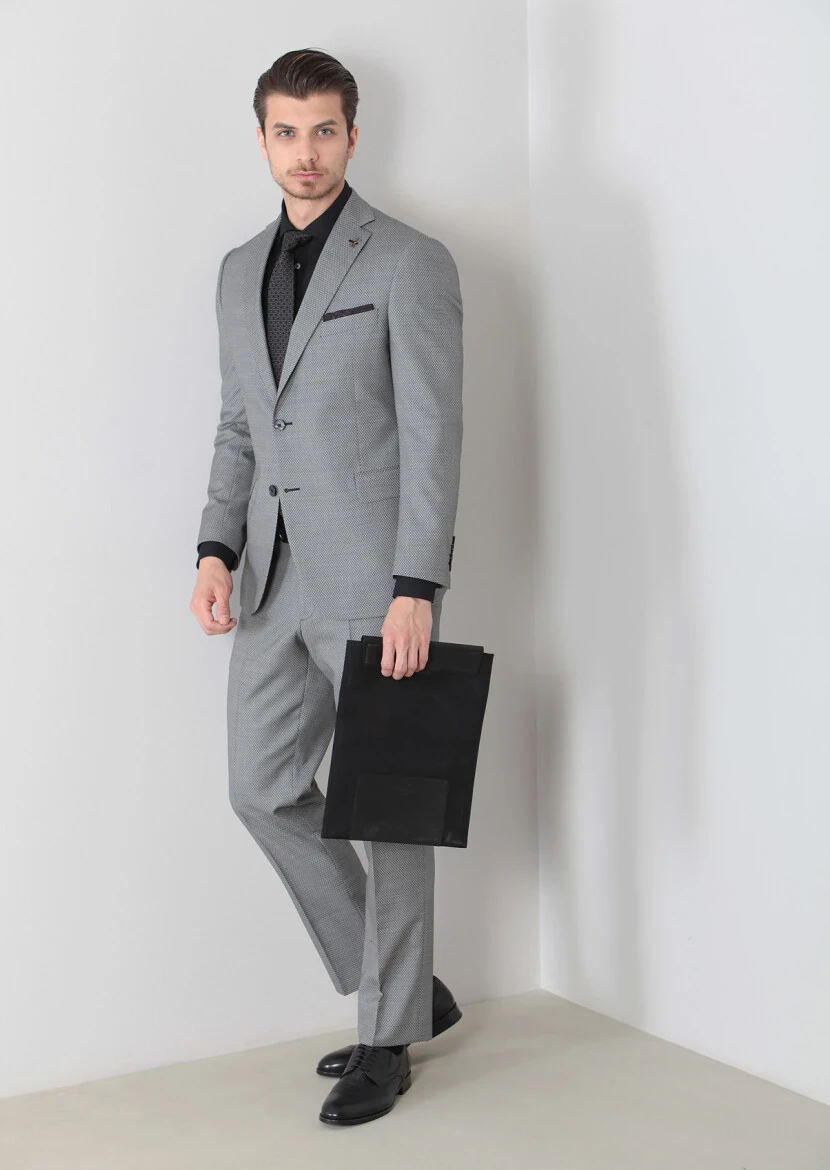 Siyah Desenli Regular Fit Yün Karışımlı Takım Elbise - 4