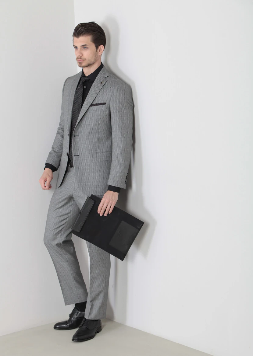 Siyah Desenli Regular Fit Yün Karışımlı Takım Elbise - 5