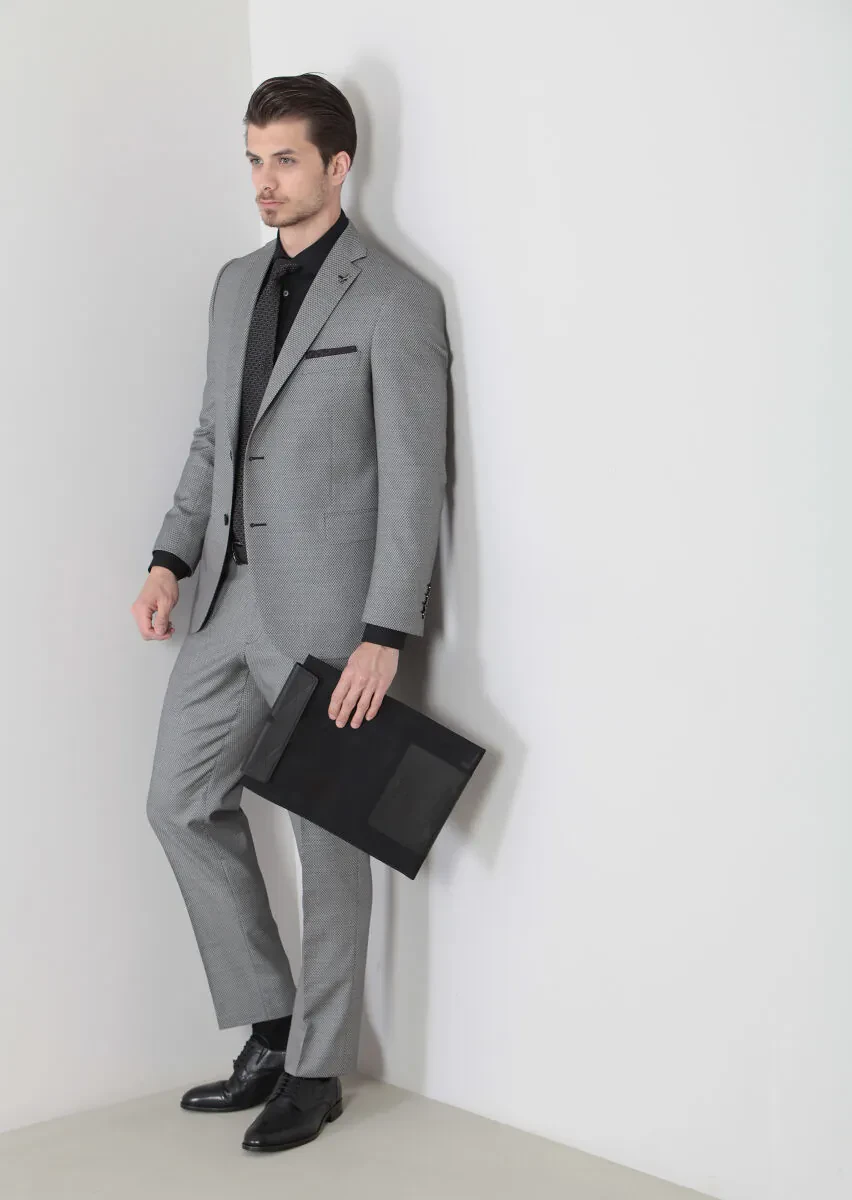 Siyah Desenli Regular Fit Yün Karışımlı Takım Elbise - 5