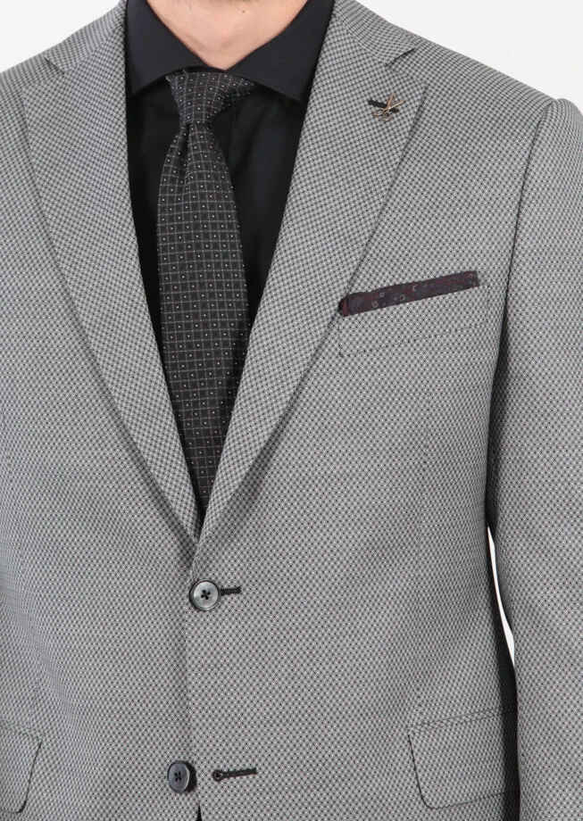 Siyah Desenli Regular Fit Yün Karışımlı Takım Elbise - 6