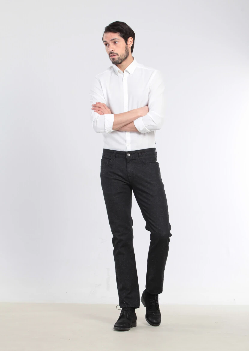 Siyah Desenli Slim Fit Denim Pamuk Karışımlı Pantolon - 1