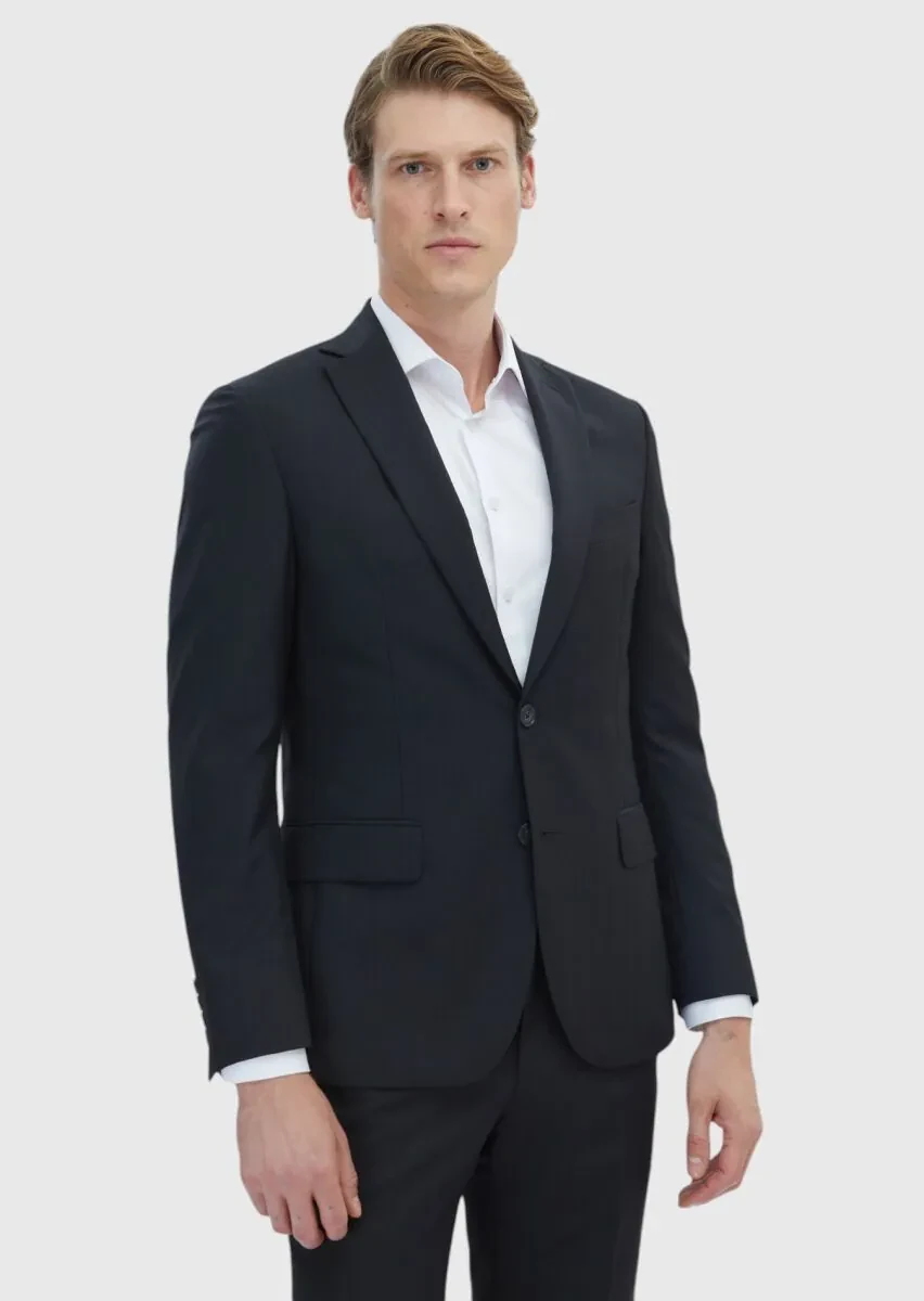 Siyah Desenli Zeroweight Slim Fit %100 Yün Takım Elbise - 1