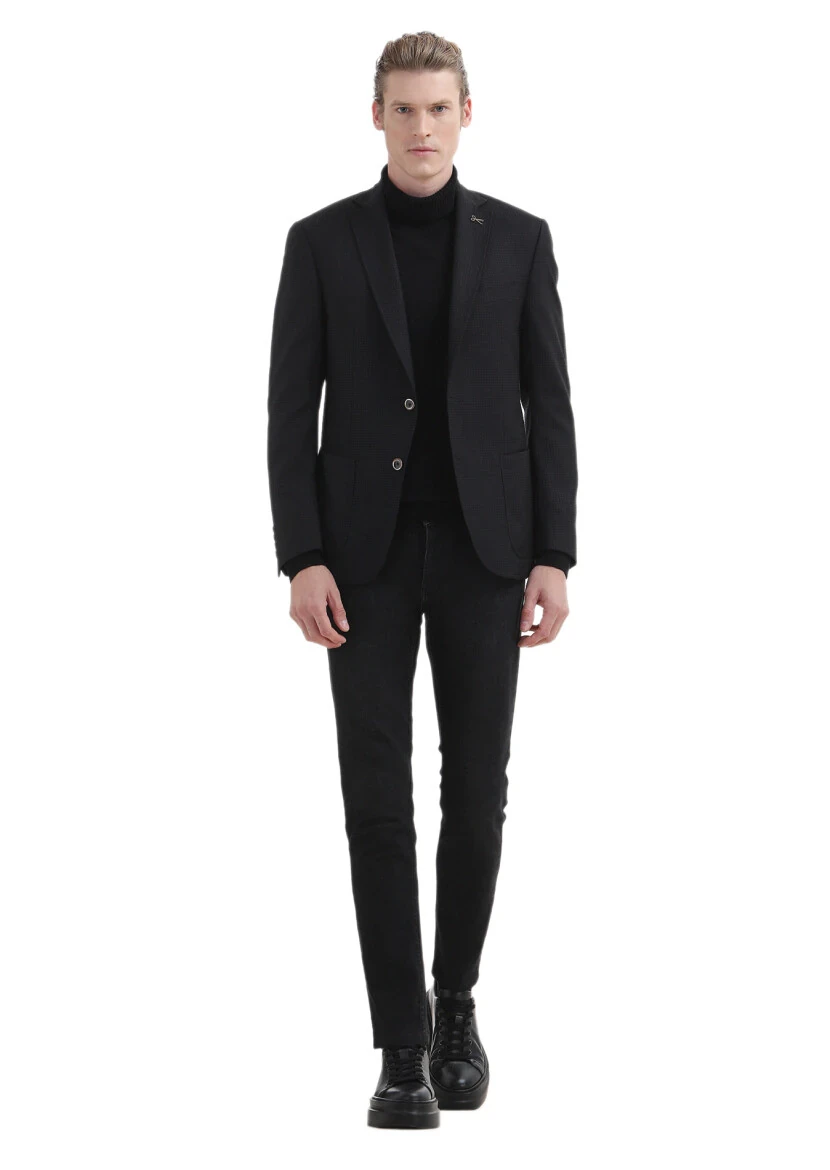 Siyah Desenli Zeroweight Slim Fit Yün Karışımlı Ceket - 2