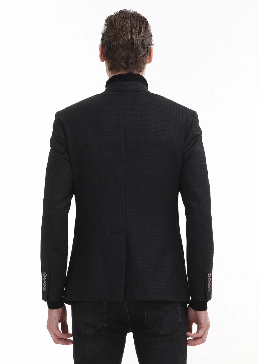 Siyah Desenli Zeroweight Slim Fit Yün Karışımlı Ceket - 5