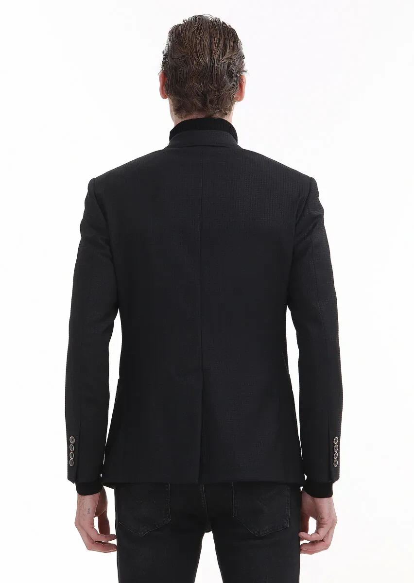 Siyah Desenli Zeroweight Slim Fit Yün Karışımlı Ceket - 5