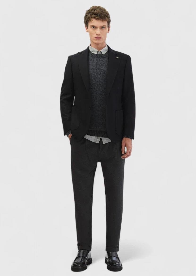 Siyah Desenli Zeroweight Slim Fit Yün Karışımlı Ceket - RAMSEY