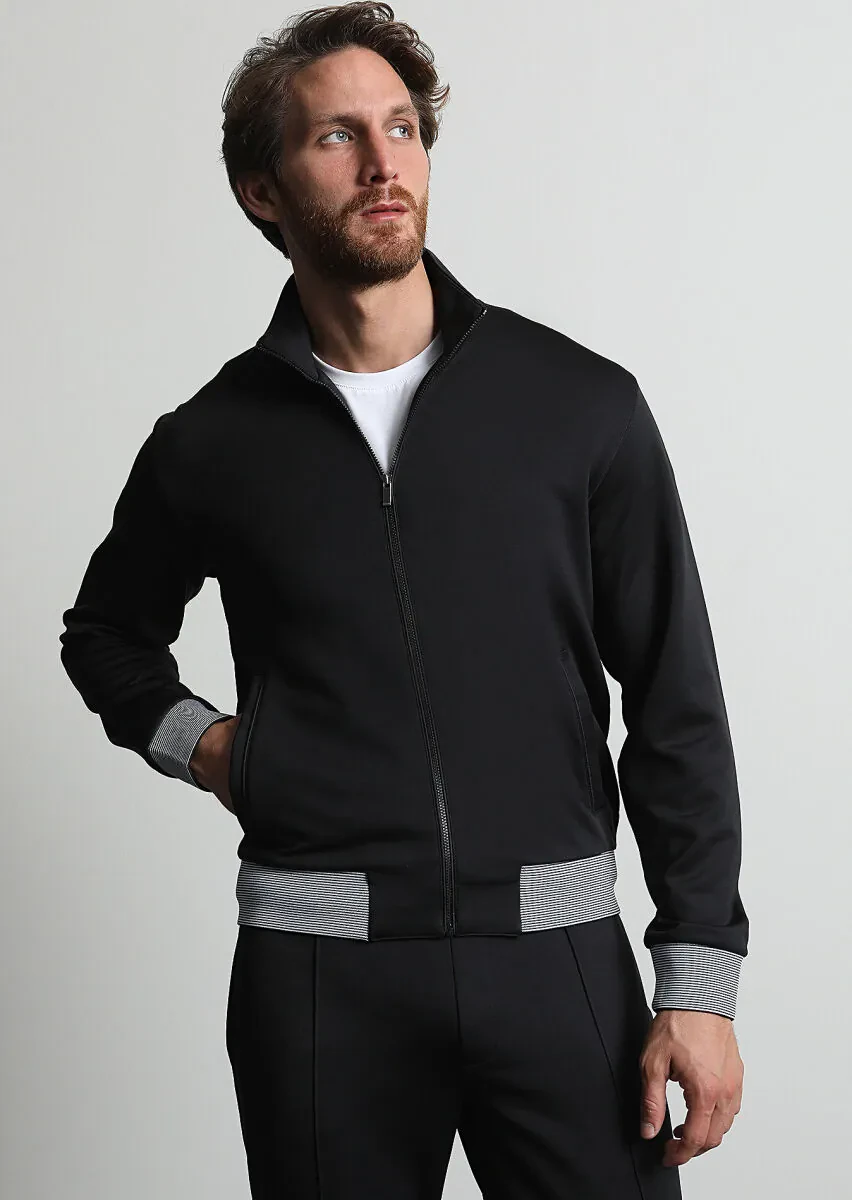 Siyah Dik Yaka Düz Sweatshırt - 1