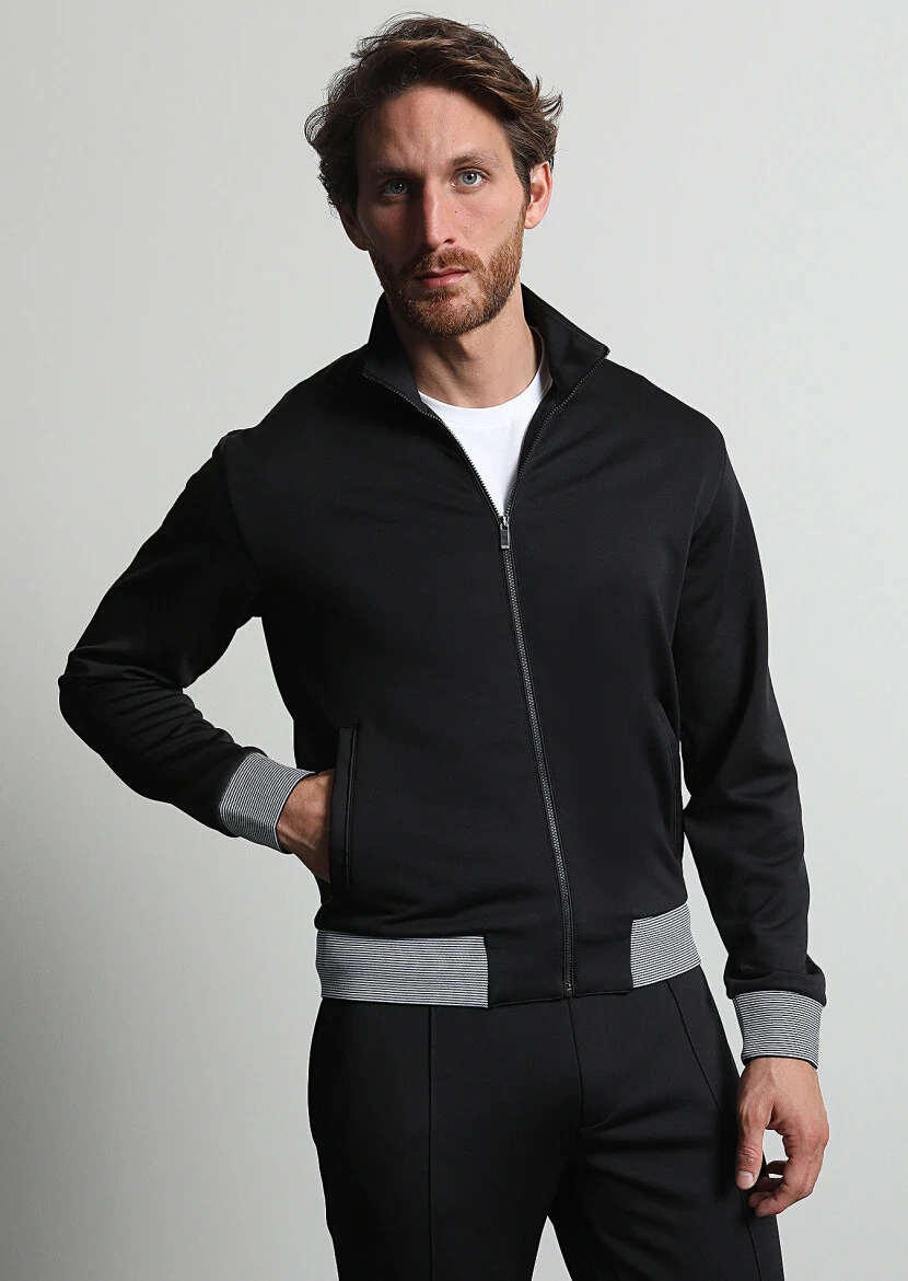 Siyah Dik Yaka Düz Sweatshırt - 3