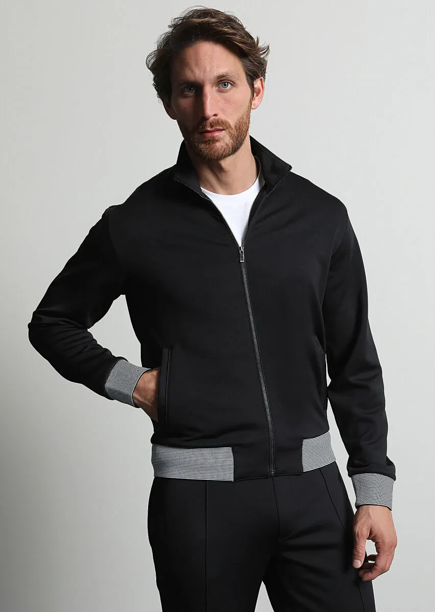 Siyah Dik Yaka Düz Sweatshırt - 3