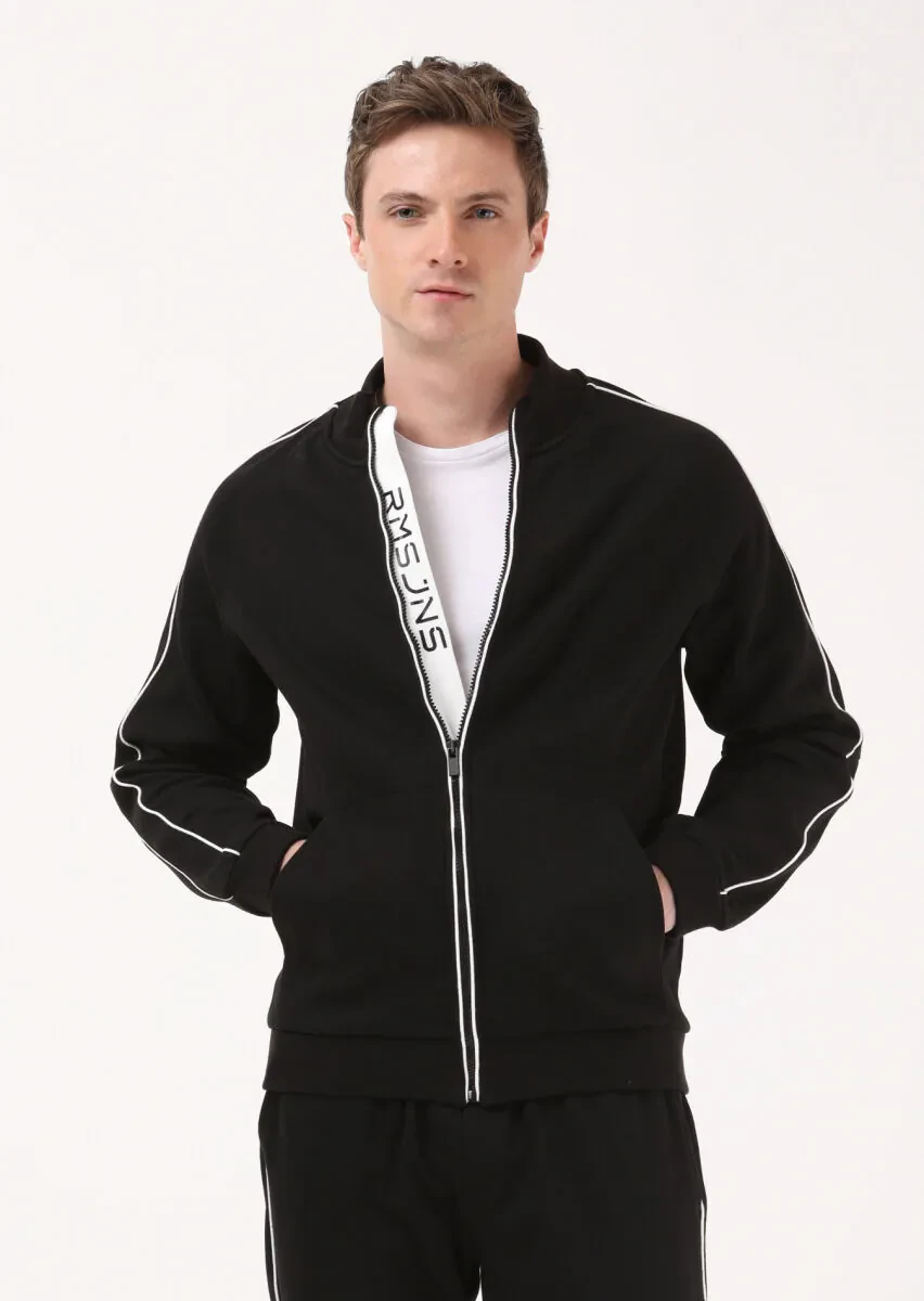 Siyah Dik Yaka Jakarlı Sweatshırt - 1