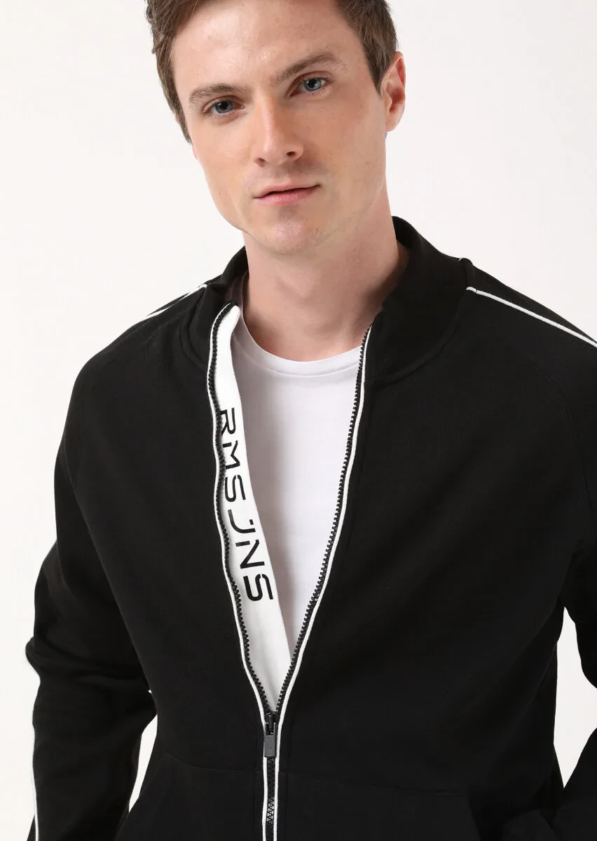 Siyah Dik Yaka Jakarlı Sweatshırt - 2