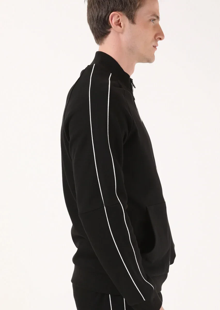 Siyah Dik Yaka Jakarlı Sweatshırt - 4