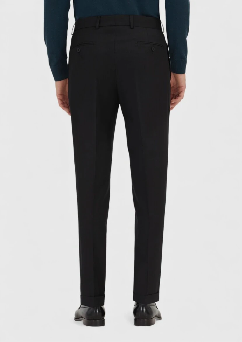 Siyah Dokuma Regular Fit Casual %100 Yün Pantolon - 4