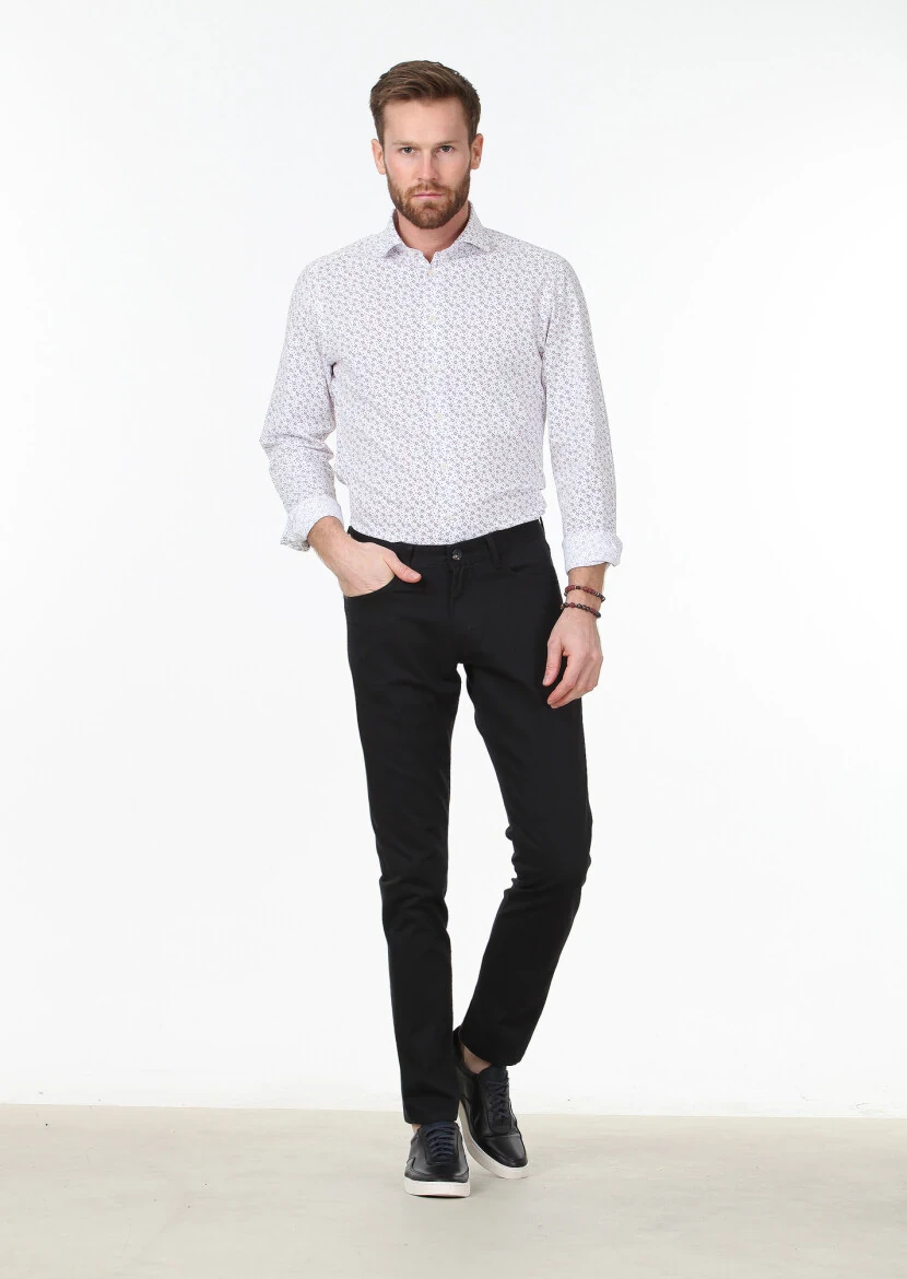 Siyah Dokuma Slim Fit Casual Pamuk Karışımlı Pantolon - 1