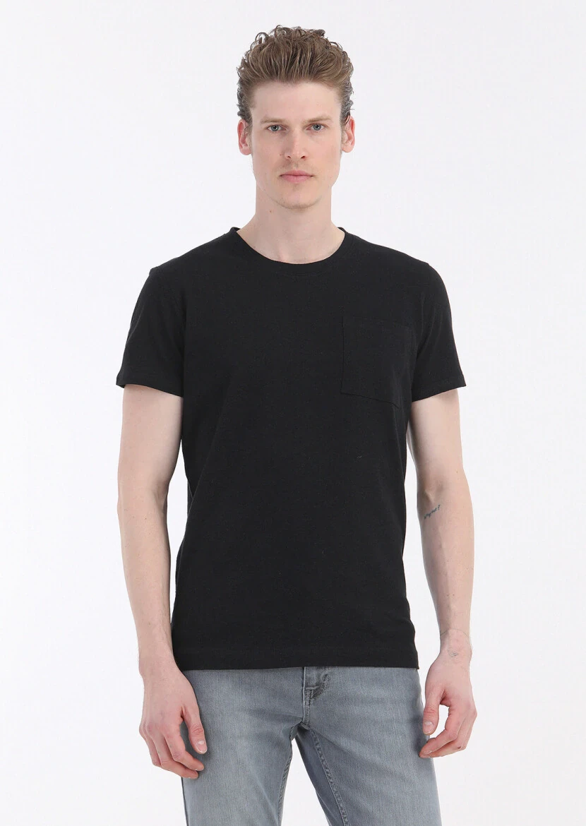 Siyah Düz Bisiklet Yaka %100 Keten T-Shirt 