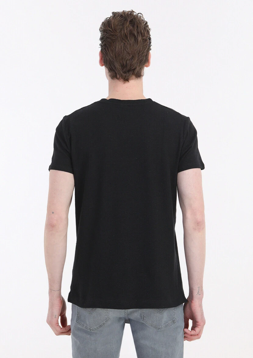 Siyah Düz Bisiklet Yaka %100 Keten T-Shirt - 4