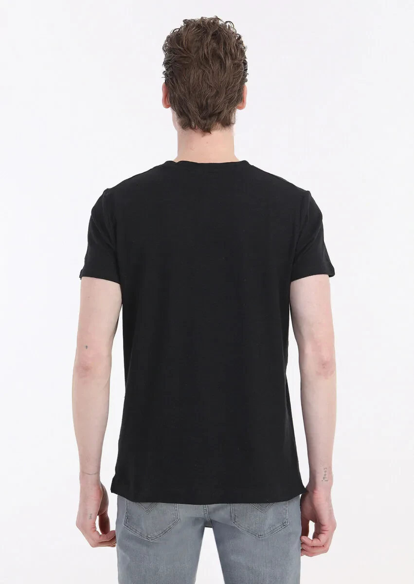 Siyah Düz Bisiklet Yaka %100 Keten T-Shirt - 4