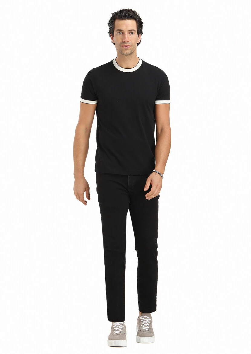 Siyah Düz Bisiklet Yaka %100 Pamuk T-Shirt - 1